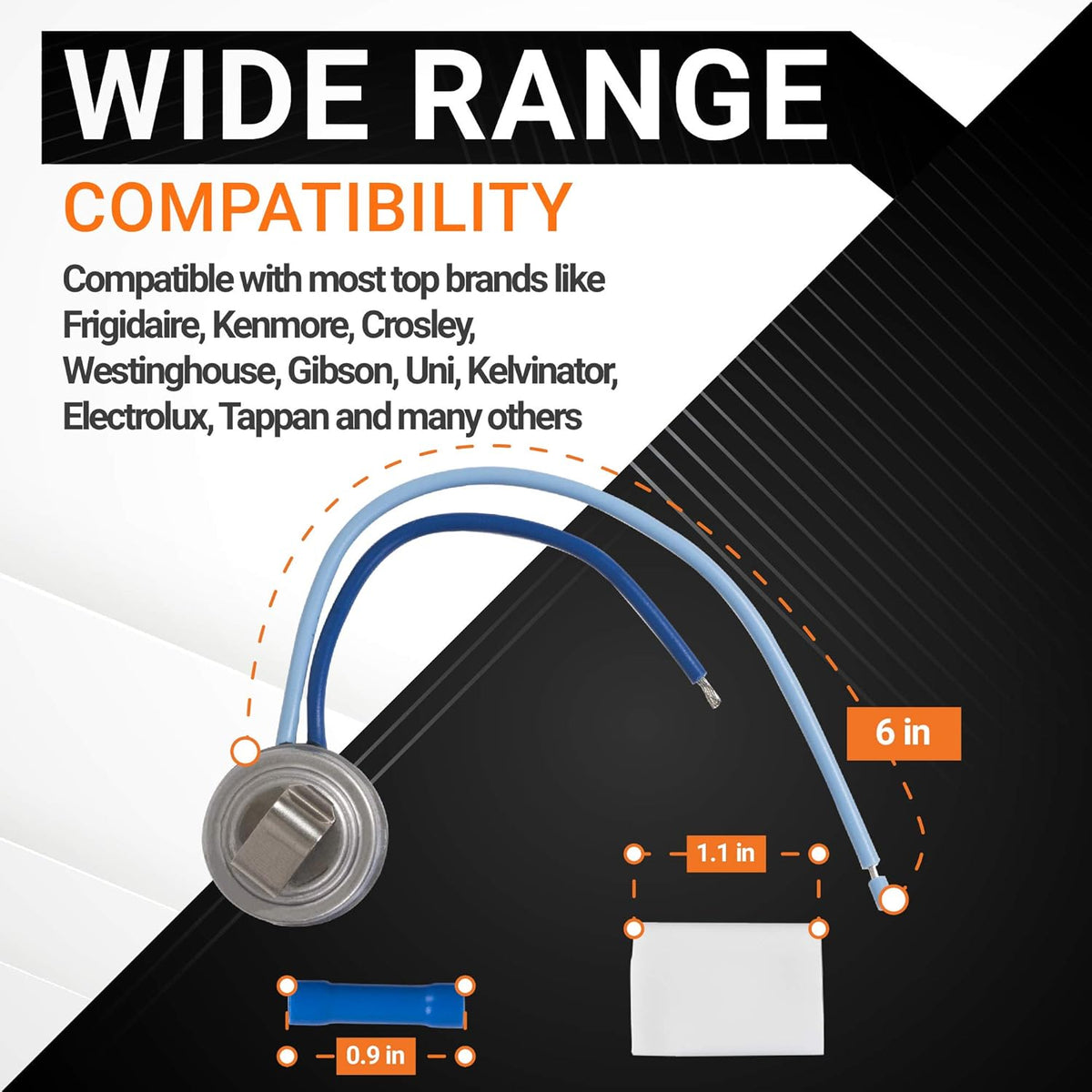 Infographic showing compatibility and dimensions for 5303918202 refrigerator defrost thermostat replacement.