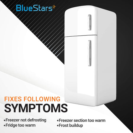 Graphic showing refrigerator symptoms fixed by 5303918202 defrost thermostat for Frigidaire and Kenmore refrigerators.