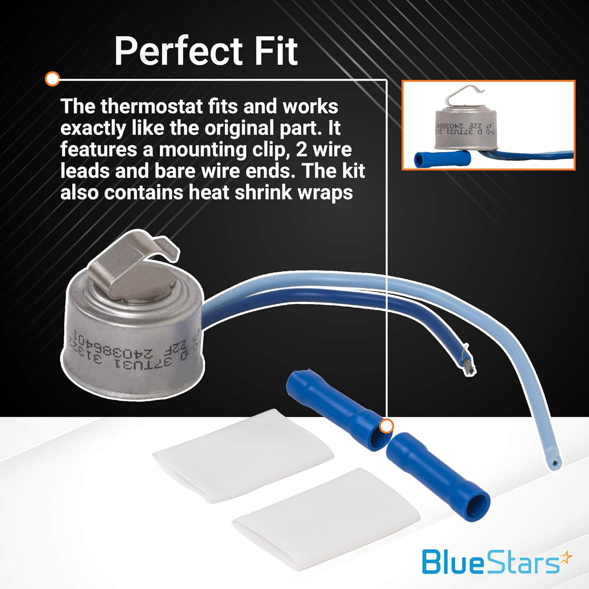 5303918202 refrigerator defrost thermostat kit with mounting clip, wire leads, and heat shrink wraps.