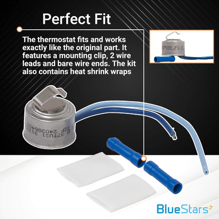 5303918202 refrigerator defrost thermostat kit with mounting clip, wire leads, and heat shrink wraps.