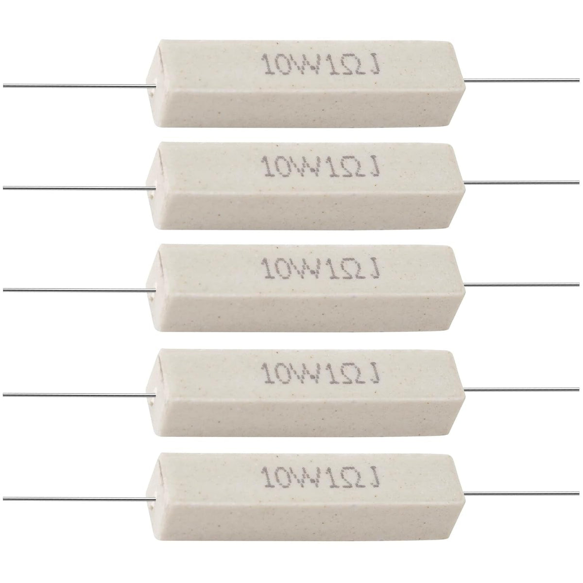 Five 10W 1 ohm ceramic cement resistors with axial leads arranged in a vertical stack.