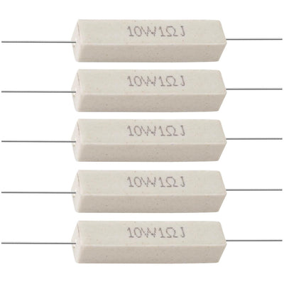 Five 10W 1 ohm ceramic cement resistors with axial leads arranged in a vertical stack.