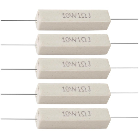 Five 10W 1 ohm ceramic cement resistors with axial leads arranged in a vertical stack.