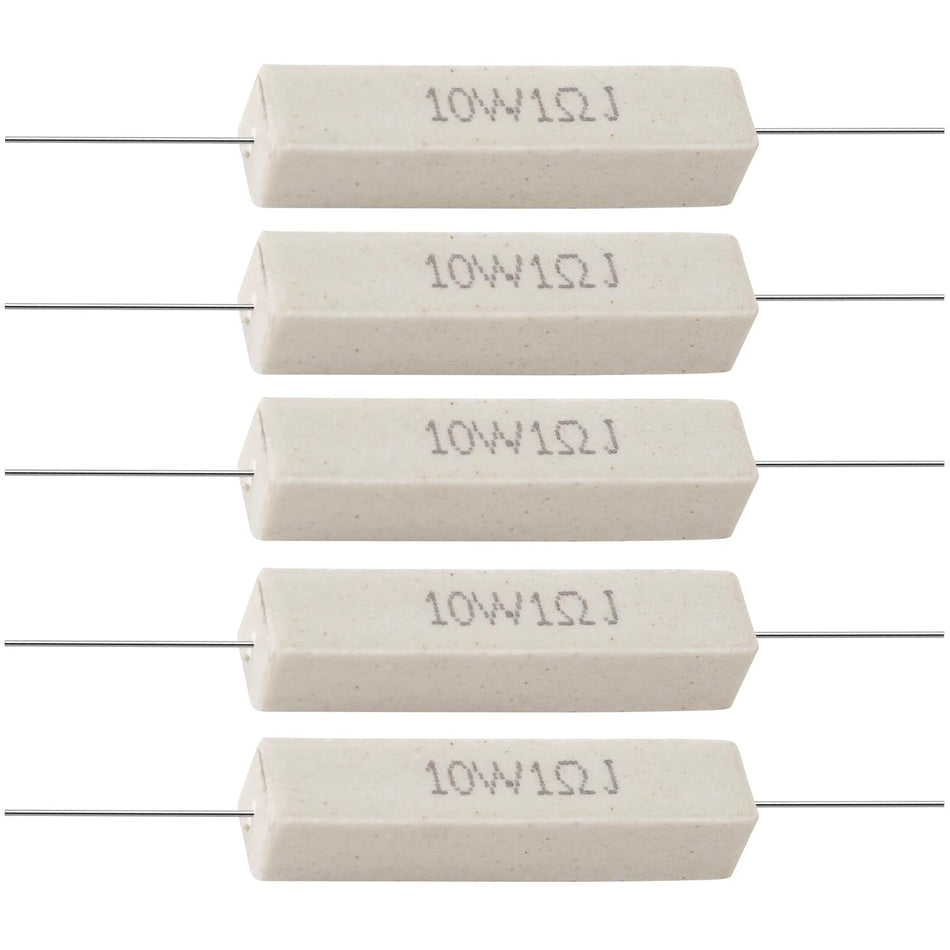 Five 10W 1 ohm ceramic cement resistors with axial leads arranged in a vertical stack.