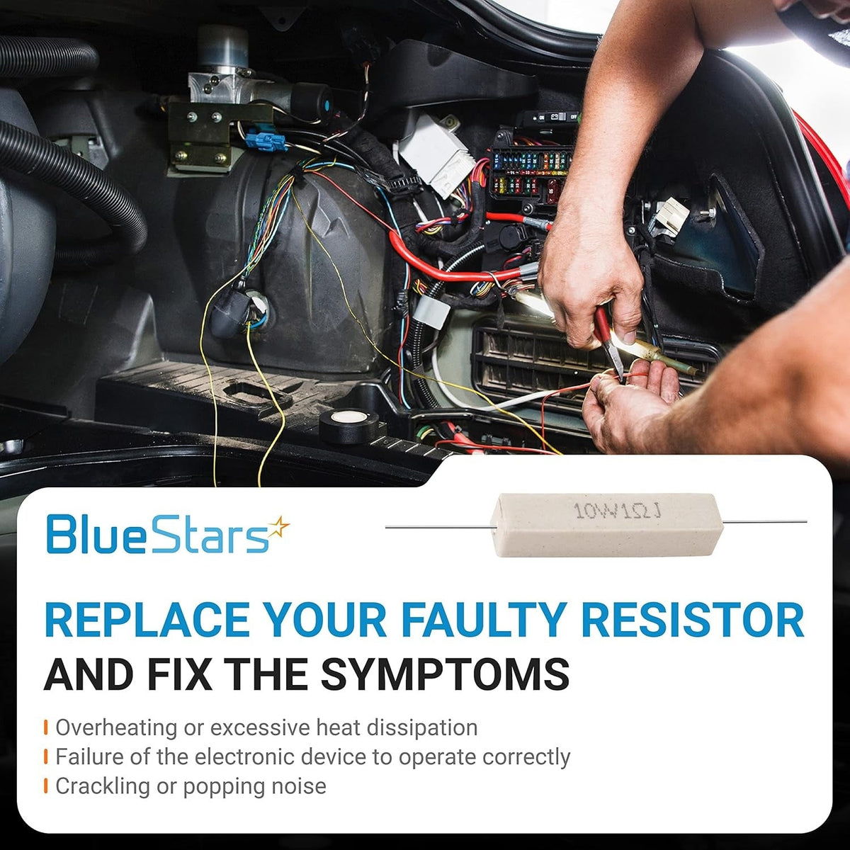 10W 1 ohm ceramic cement resistor shown in an instructional graphic for automotive electrical repair.