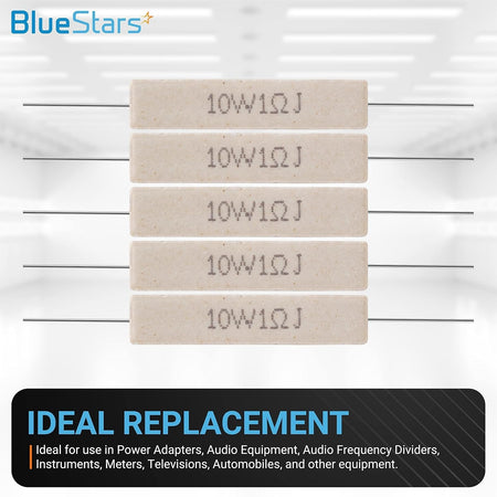 Set of five 10W 1 ohm ceramic cement resistors with wire leads.
