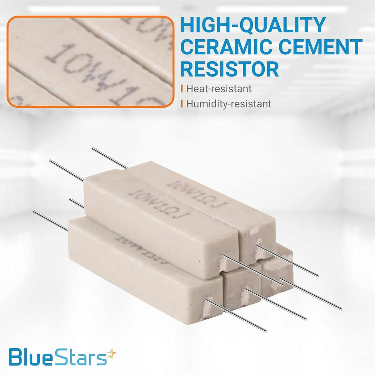 Stack of five 10W 1 ohm ceramic cement resistors with close-up detail view.