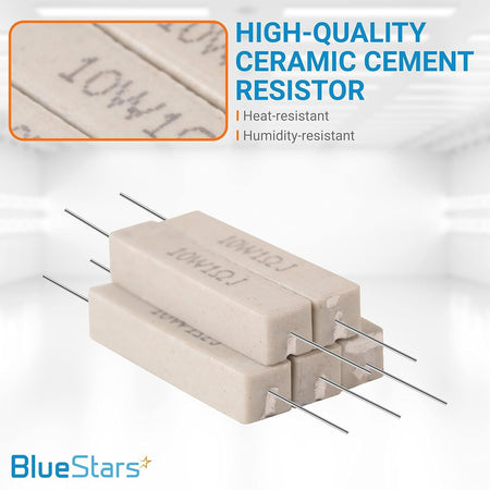 Stack of five 10W 1 ohm ceramic cement resistors with close-up detail view.
