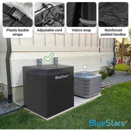 Black waterproof central air conditioner cover showing features like buckle straps, adjustable cords, and padded handles.
