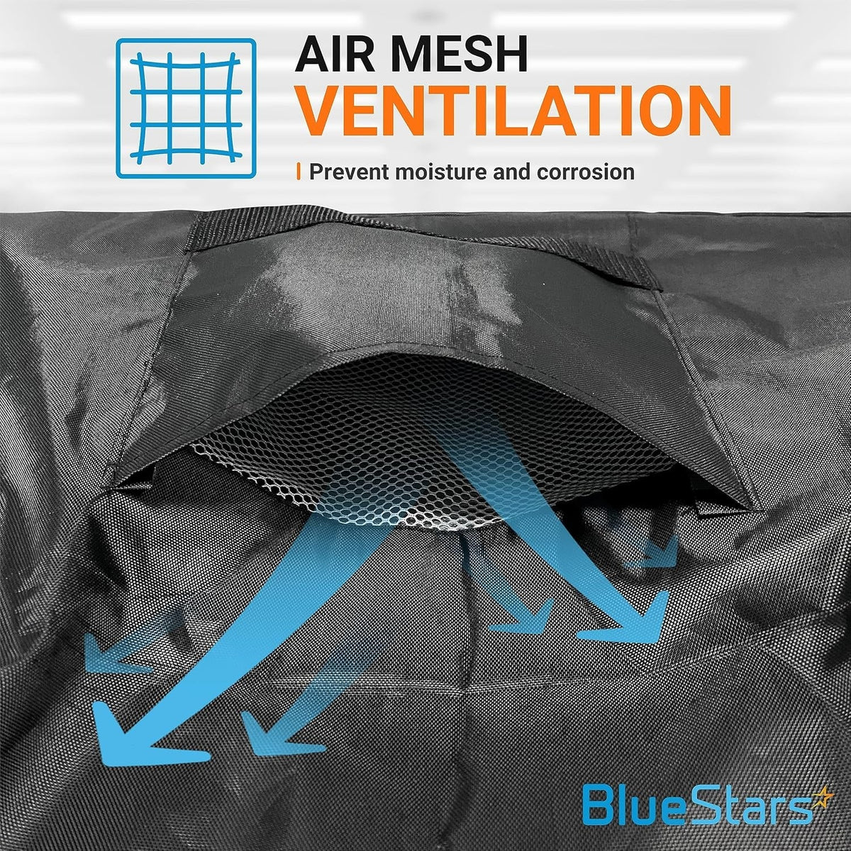 Close-up of air mesh ventilation vent on black waterproof outdoor central air conditioner cover.