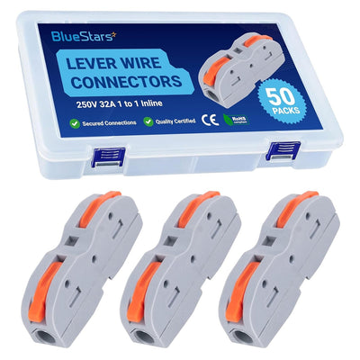 BlueStars 50-pack storage box with three 250V 32A compact inline lever wire connectors.