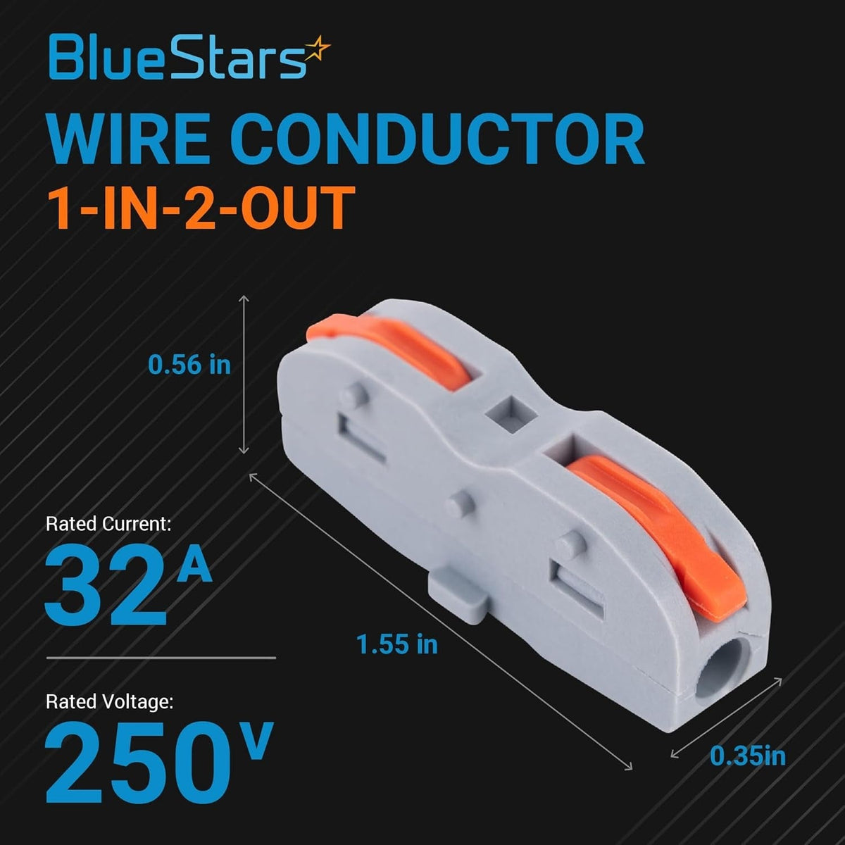 1-in-2-out compact splicing lever wire connector with 250V 32A rating and dimensions diagram.