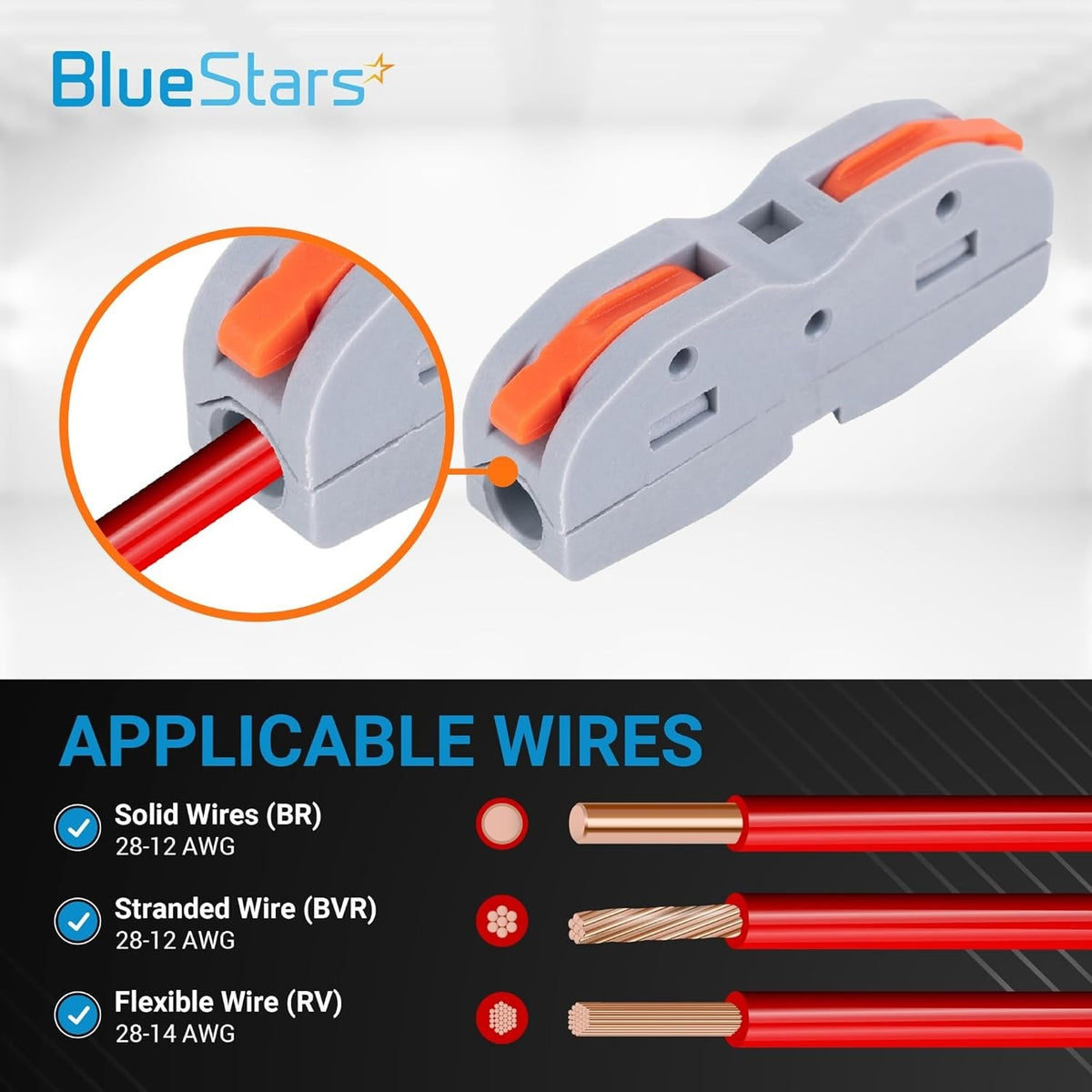 Compact splicing lever wire connector showing wire insertion and compatible wire types chart.
