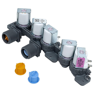Washer water inlet valve assembly for LG and Kenmore with two removable plastic inlet filters.