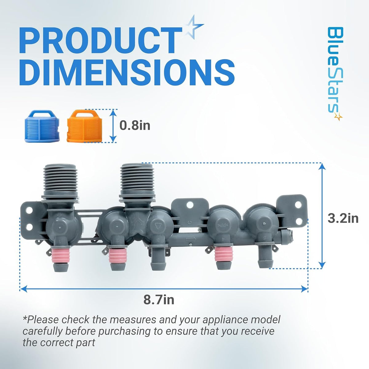 Dimension diagram of LG and Kenmore washer water inlet valve showing 8.7-inch width and 3.2-inch height.