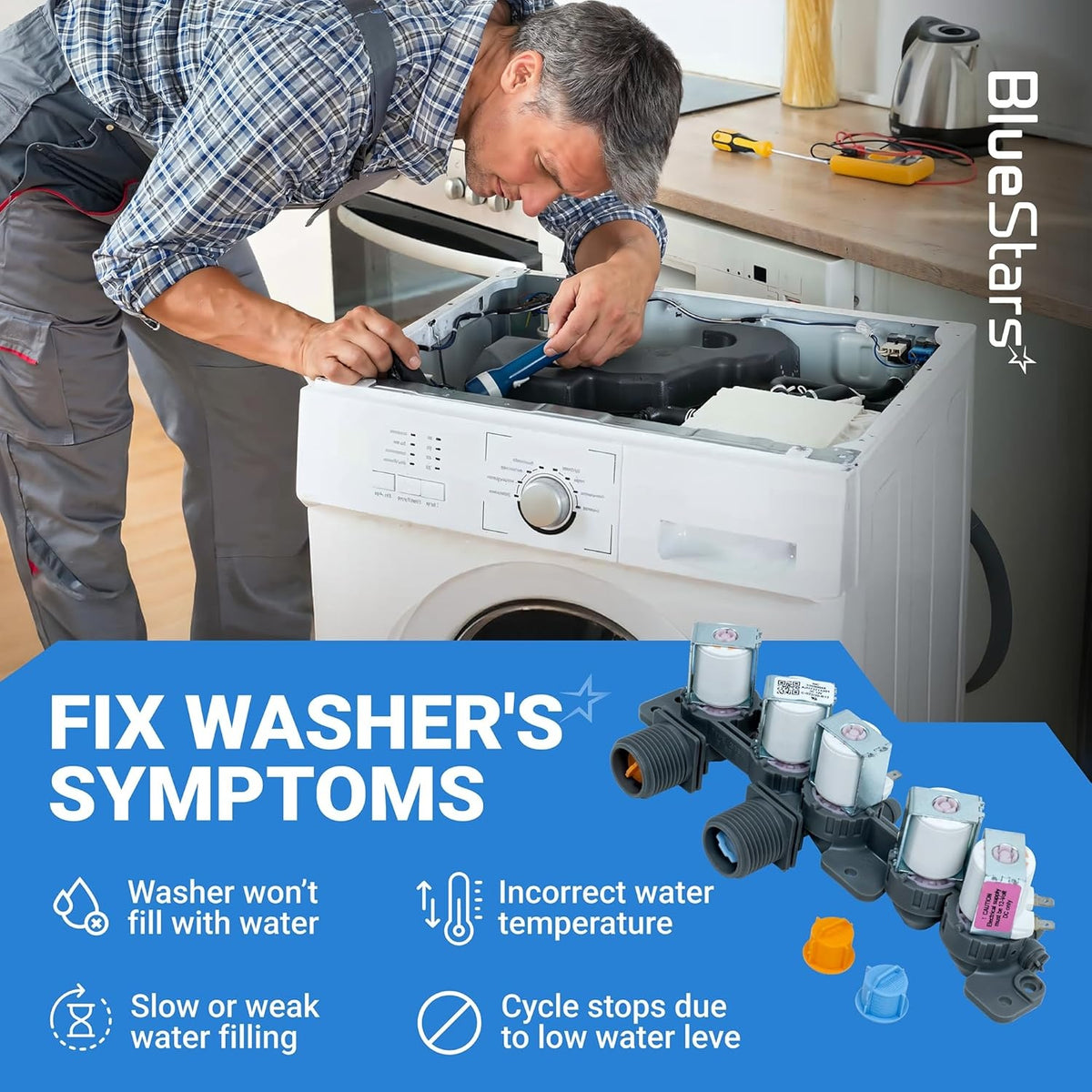 Technician repairing an LG washer with a replacement water inlet valve shown in the foreground.