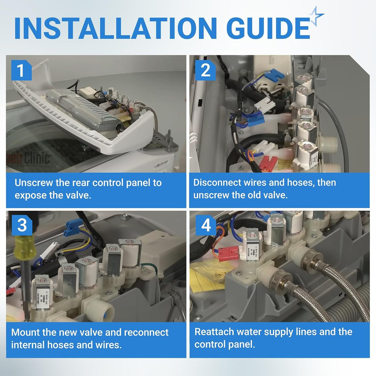 Four-step installation guide for replacing an LG and Kenmore washer water inlet valve.
