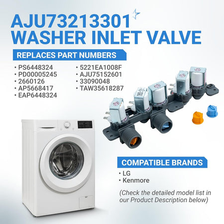 AJU73213301 washer water inlet valve for LG and Kenmore washing machines with replacement part numbers listed.