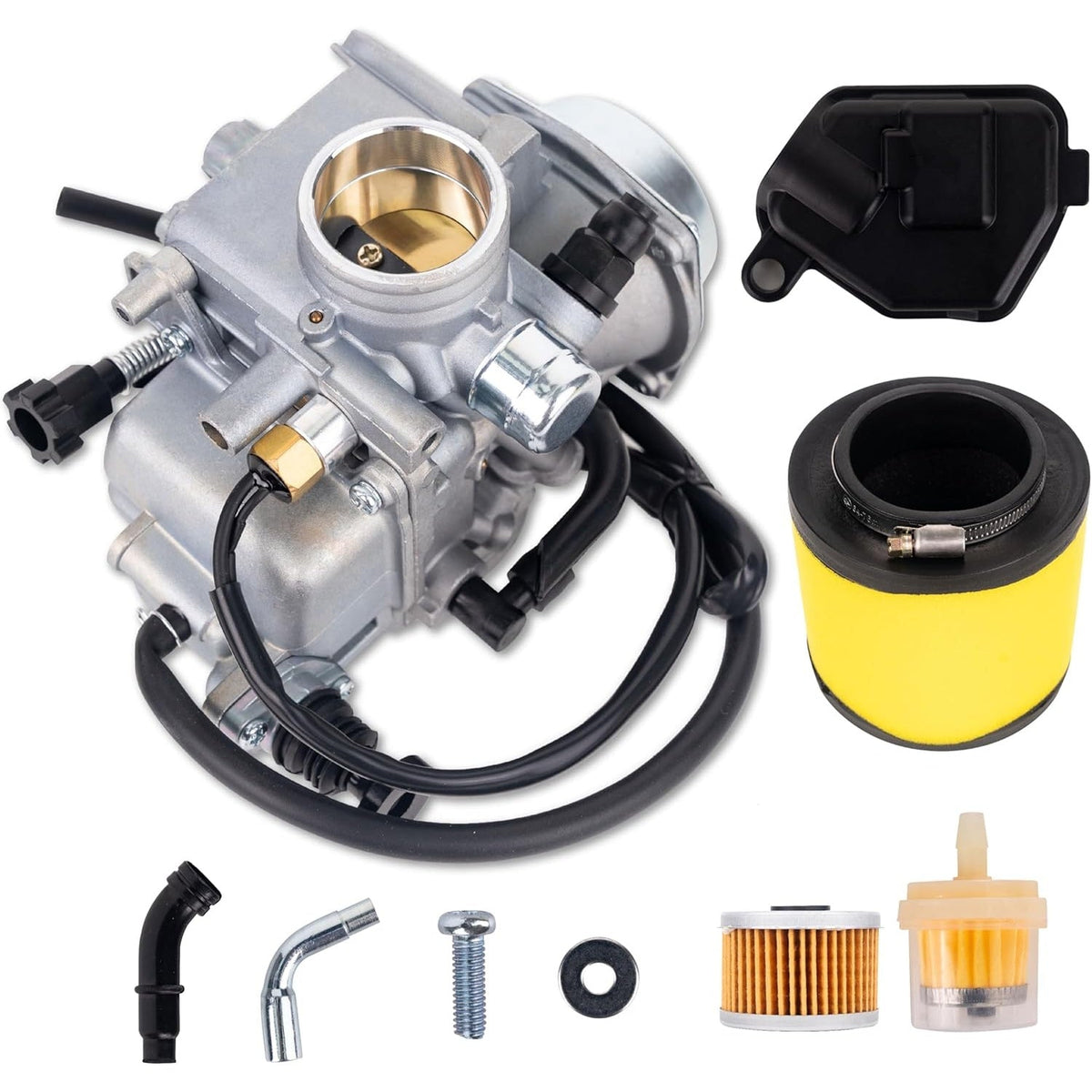 TRX350 carburetor kit for Honda Rancher including carburetor, air filter, fuel filter, and small hardware components.