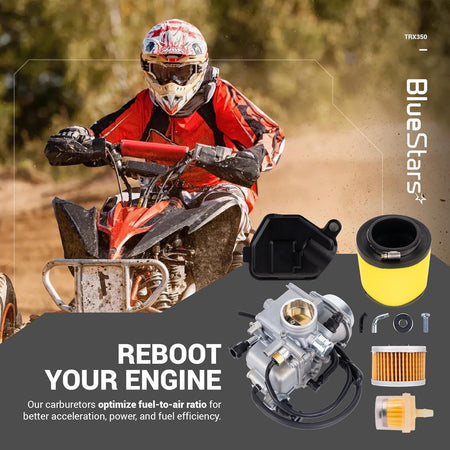 TRX350 carburetor kit for Honda Rancher including air filter, fuel filter, and engine components.