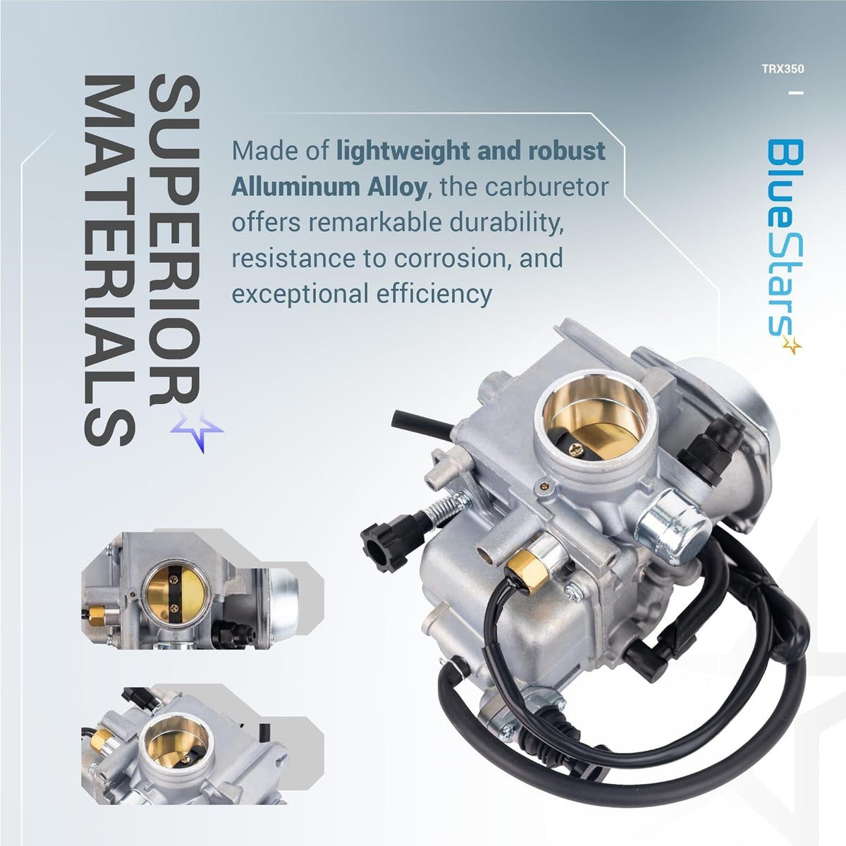 Aluminum alloy carburetor for Honda Rancher TRX350 showing material durability and component details.