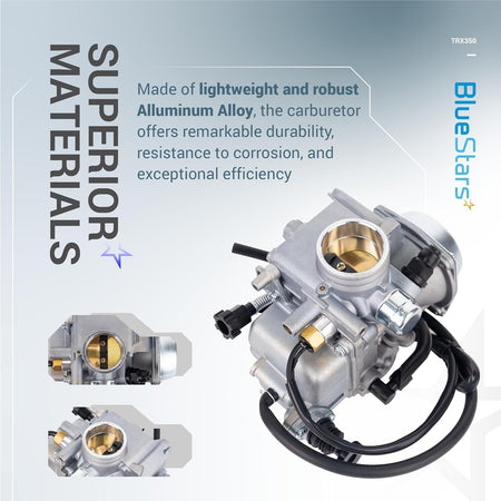 Aluminum alloy carburetor for Honda Rancher TRX350 showing material durability and component details.
