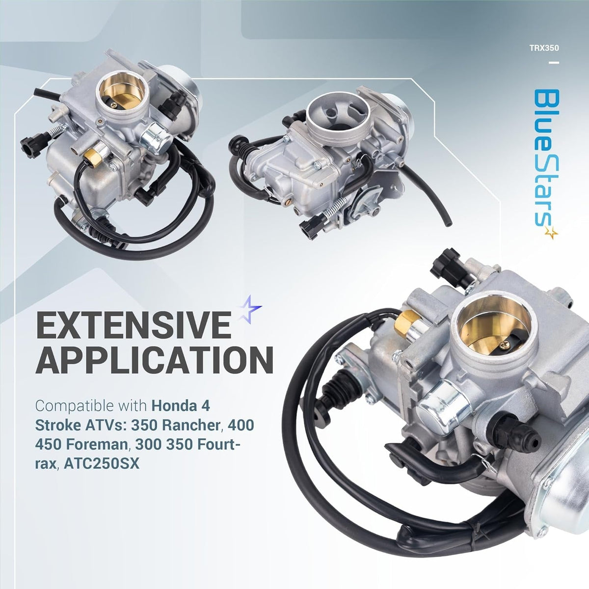 Replacement carburetor for Honda Rancher TRX350 and other compatible 4-stroke ATVs shown from multiple angles.