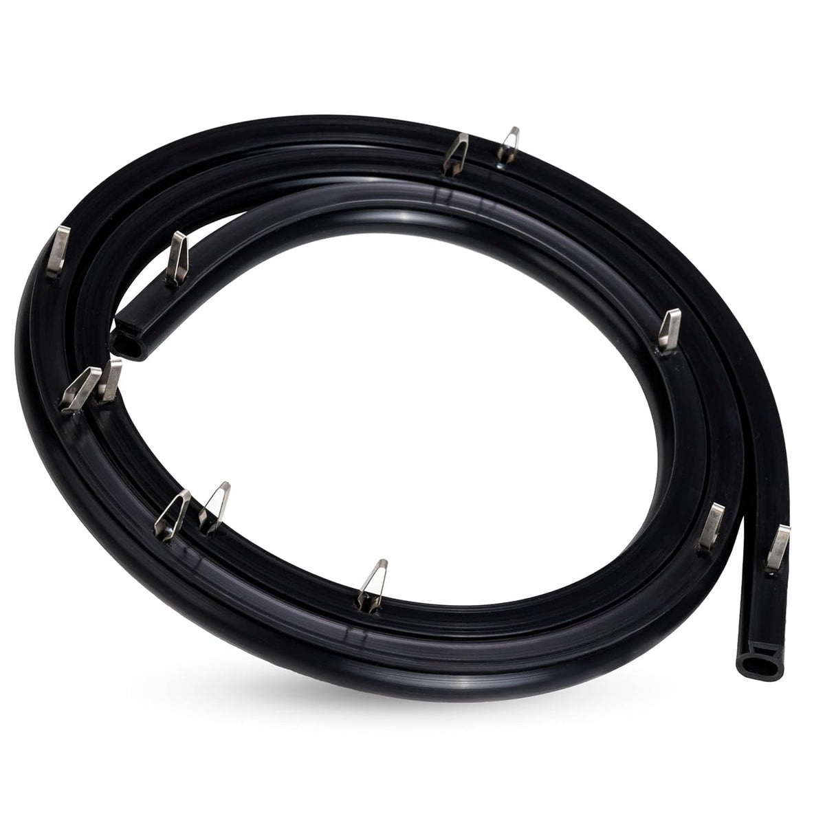 Black range oven door seal gasket with metal mounting clips coiled for installation.