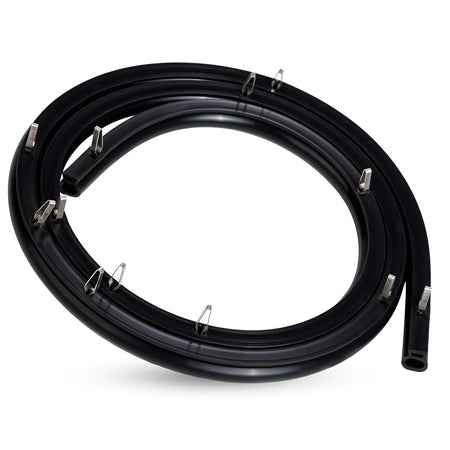 Black range oven door seal gasket with metal mounting clips coiled for installation.
