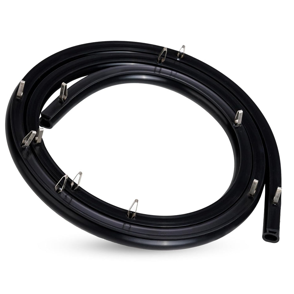 Black range oven door seal gasket with metal mounting clips coiled for installation.
