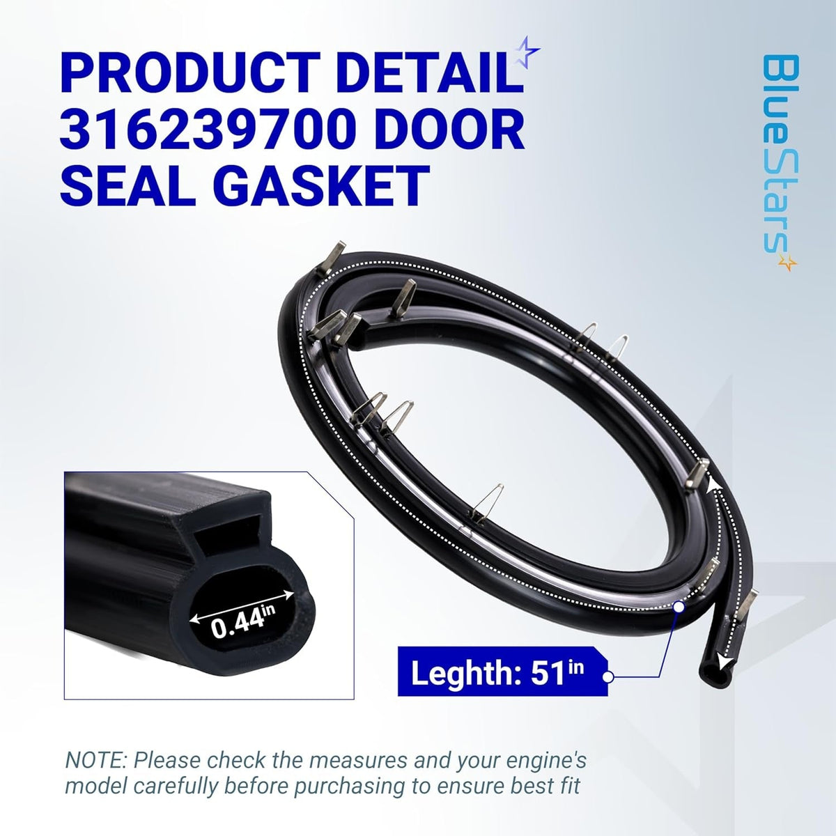 316239700 range oven door seal gasket with mounting clips showing cross-section dimensions and total length.
