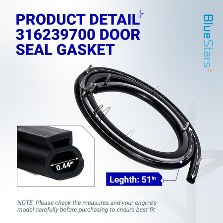 316239700 range oven door seal gasket with mounting clips showing cross-section dimensions and total length.