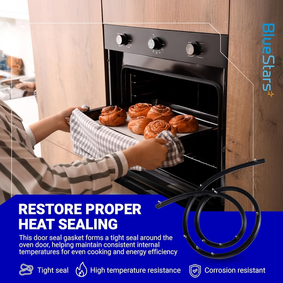 316239700 range oven door seal gasket with mounting clips shown in a lifestyle graphic for heat sealing efficiency.