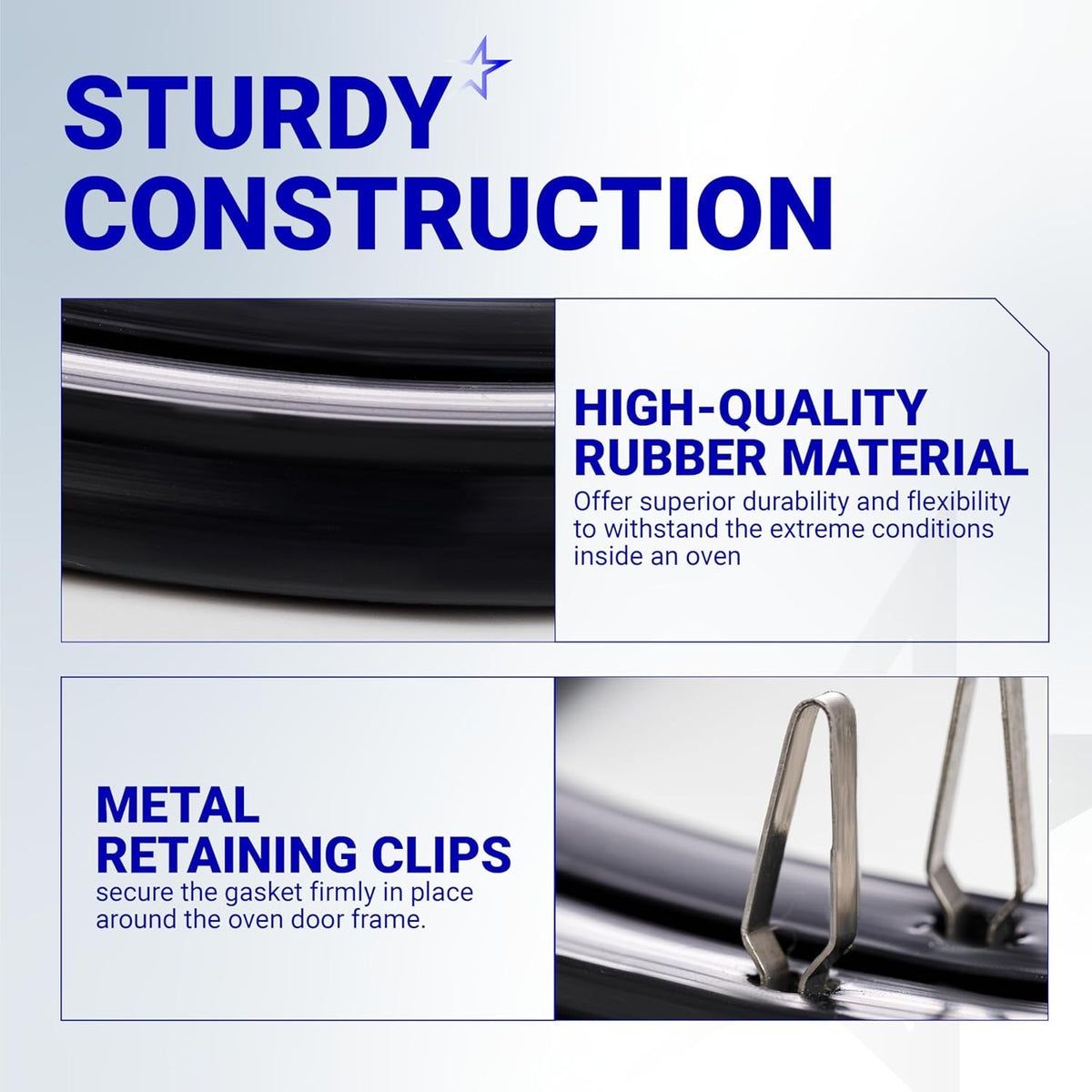 Infographic showing durable rubber material and metal mounting clips for 316239700 range oven door seal gasket.