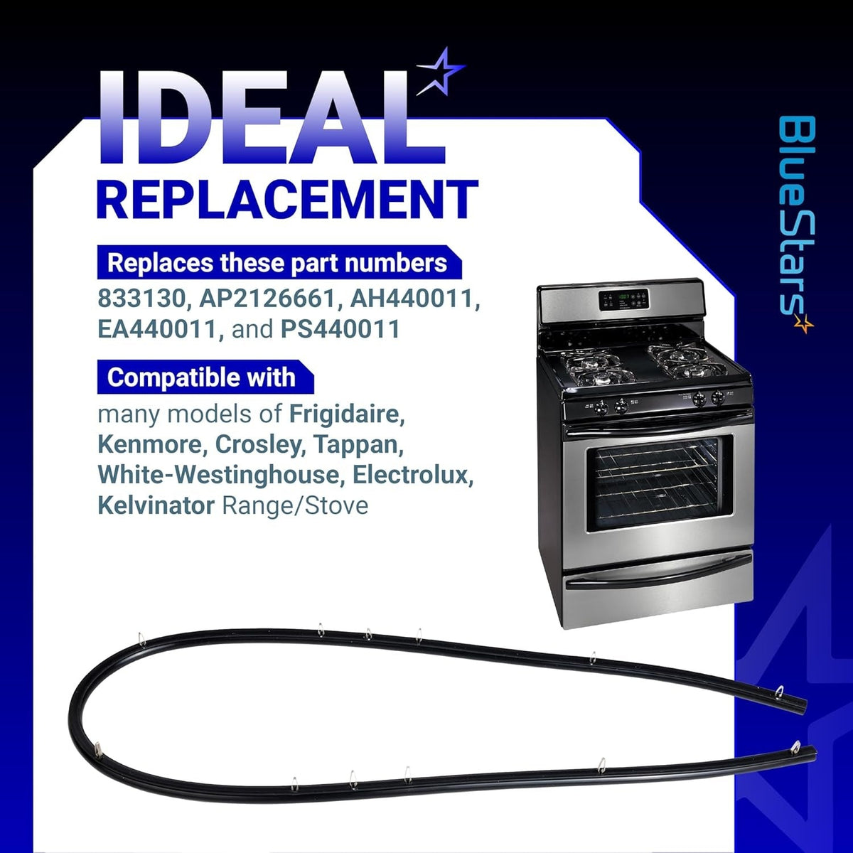 316239700 range oven door seal gasket with mounting clips for Frigidaire and Kenmore stoves.