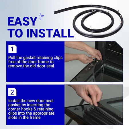 Installation guide showing steps to replace a range oven door seal gasket with mounting clips.