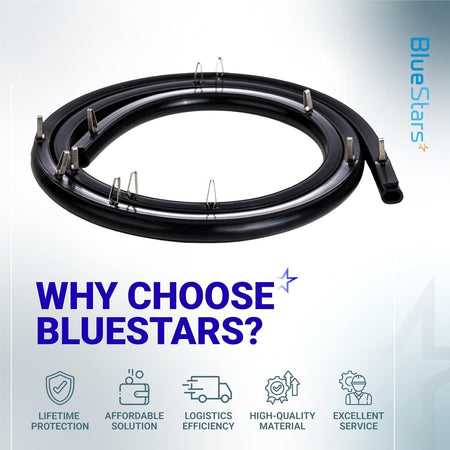 Black range oven door seal gasket with metal mounting clips coiled on a BlueStars branded promotional background.