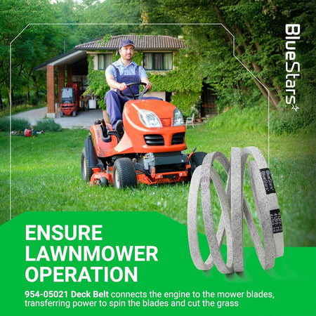 954-05021 mower deck belt shown with a lawn tractor in a yard, highlighting its function for mower blade operation.