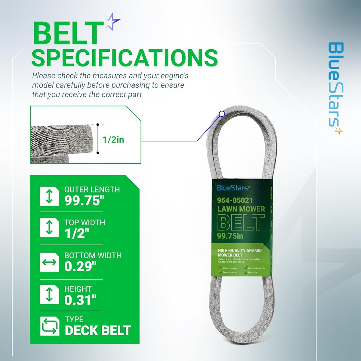 Infographic showing dimensions and specifications for 954-05021 mower deck belt.