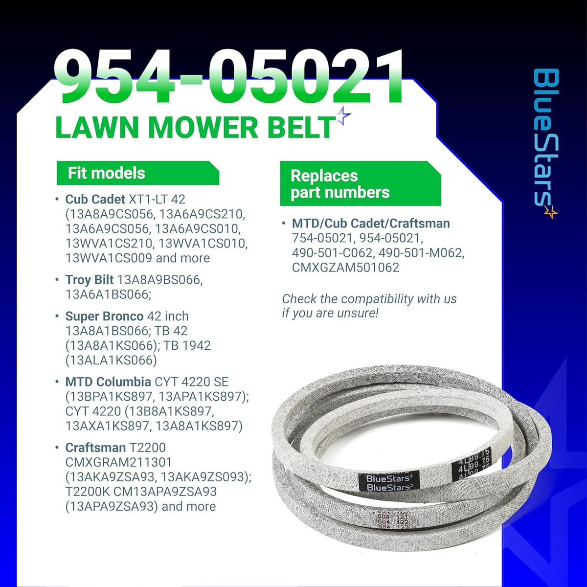 Infographic showing 954-05021 mower deck belt compatibility and replacement part numbers for lawn tractors.