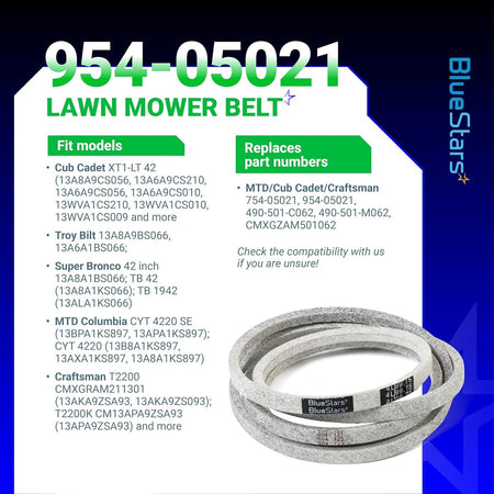 Infographic showing 954-05021 mower deck belt compatibility and replacement part numbers for lawn tractors.