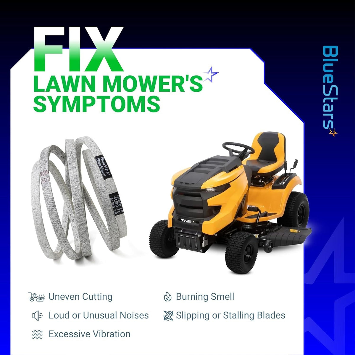954-05021 mower deck belt shown with a lawn tractor to illustrate common repair symptoms and compatibility.