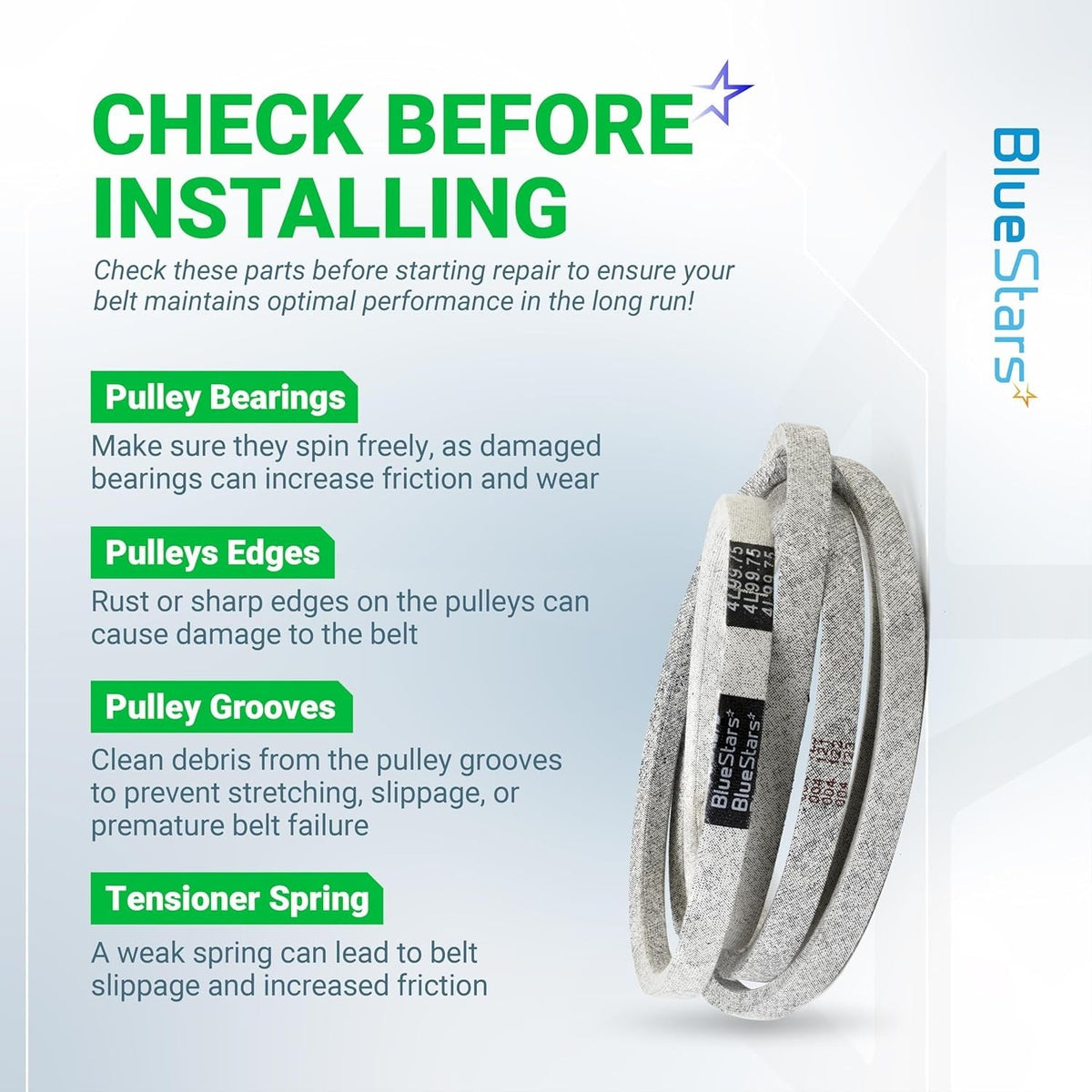 Informational graphic showing 954-05021 mower deck belt installation tips for lawn tractor maintenance.