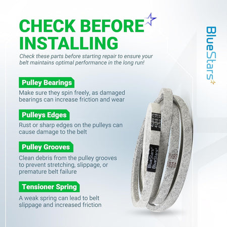 Informational graphic showing 954-05021 mower deck belt installation tips for lawn tractor maintenance.