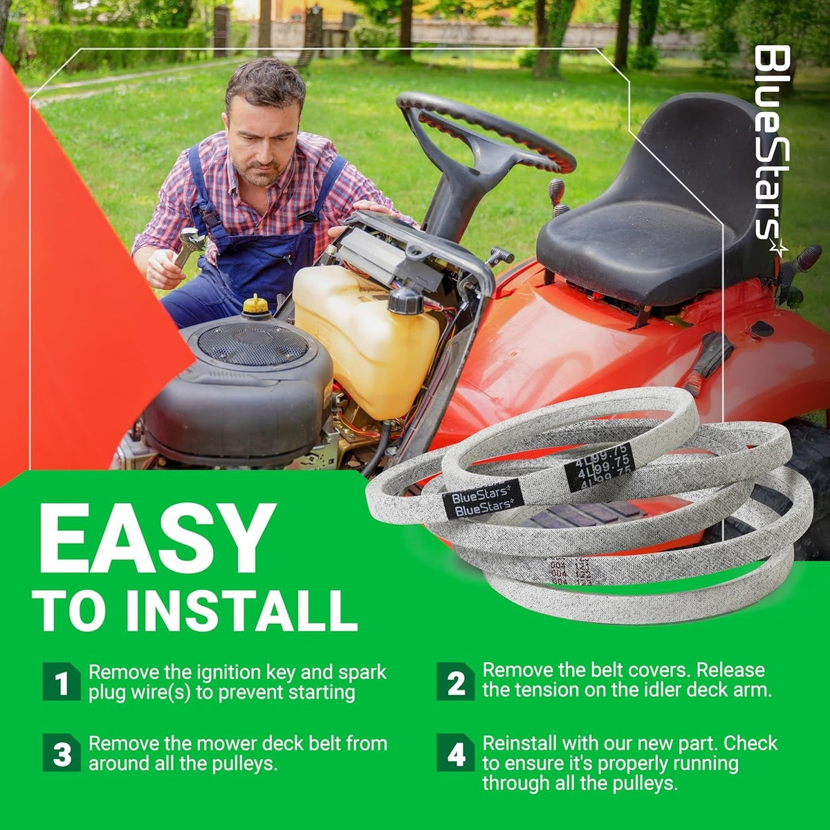 Installation guide for 954-05021 mower deck belt showing a technician working on a lawn tractor.