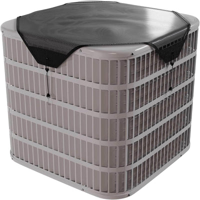 32x32 inch black mesh AC condenser cover installed on top of an outdoor central air conditioner unit.