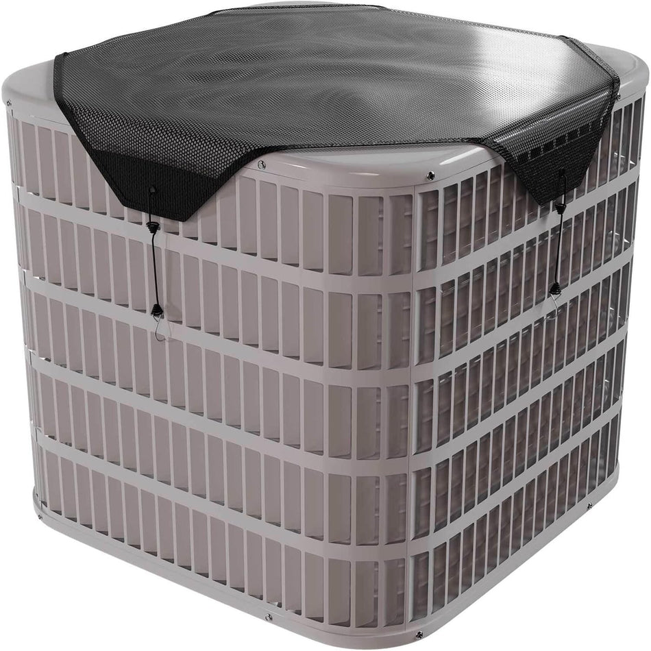 32x32 inch black mesh AC condenser cover installed on top of an outdoor central air conditioner unit.