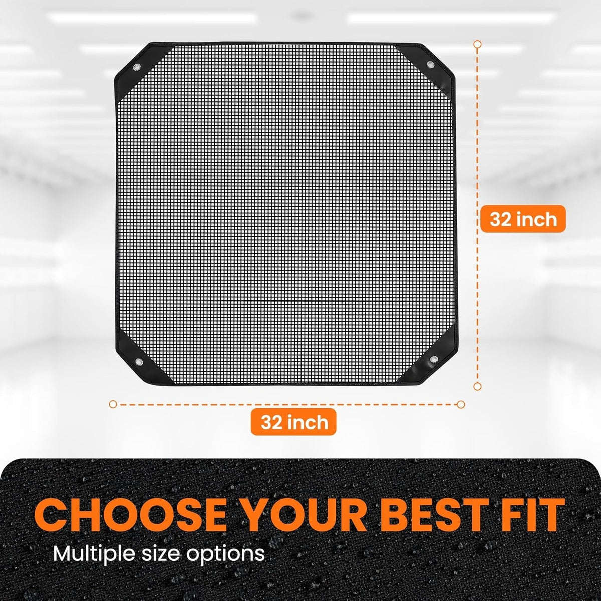32x32 inch square black mesh AC condenser cover with dimension labels for outdoor air conditioner unit.