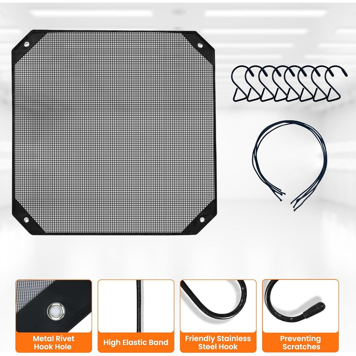 32-inch square AC condenser mesh cover with included stainless steel hooks and elastic bands for outdoor unit protection.