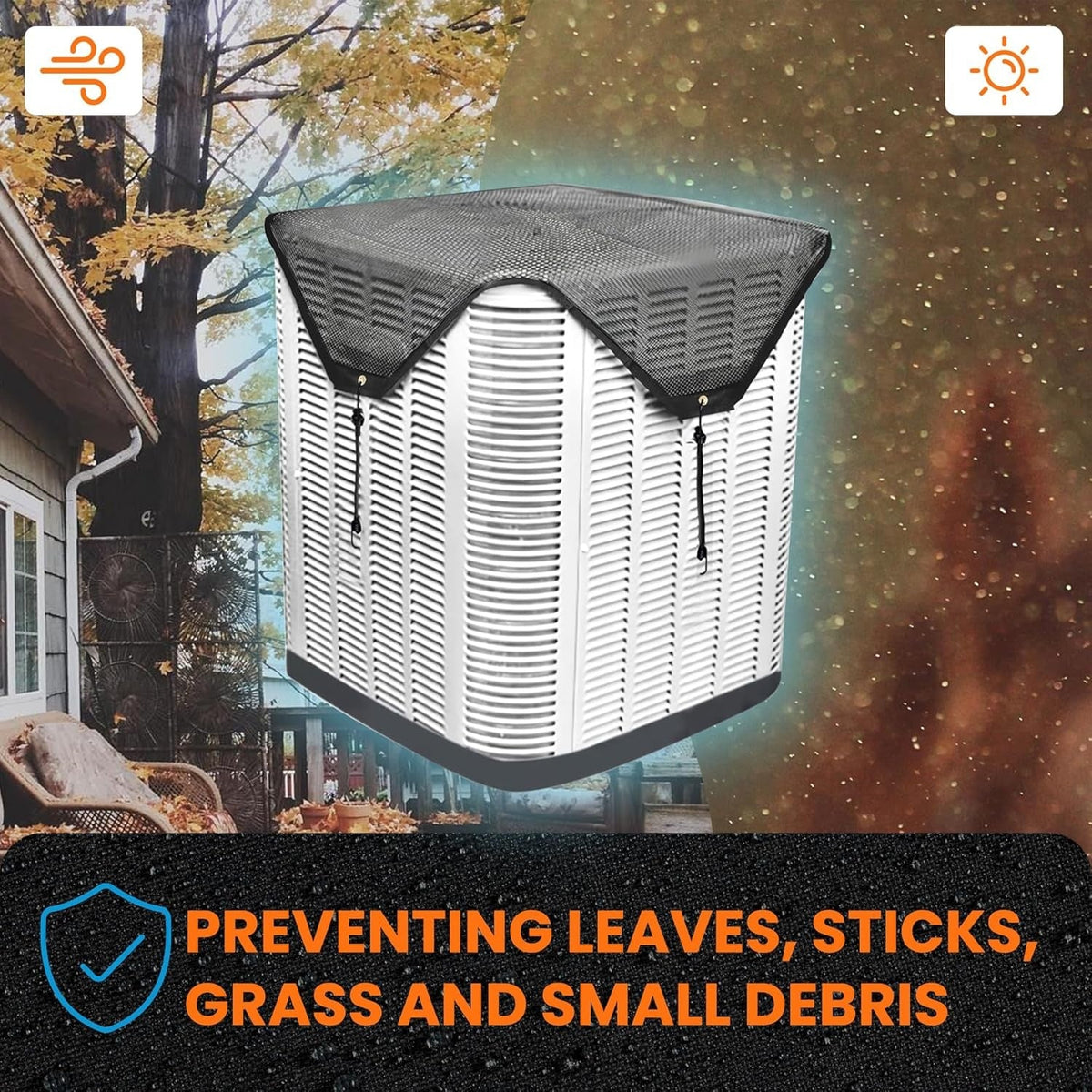 Premium 32x32 inch AC condenser cover installed on an outdoor air conditioner unit to prevent debris buildup.
